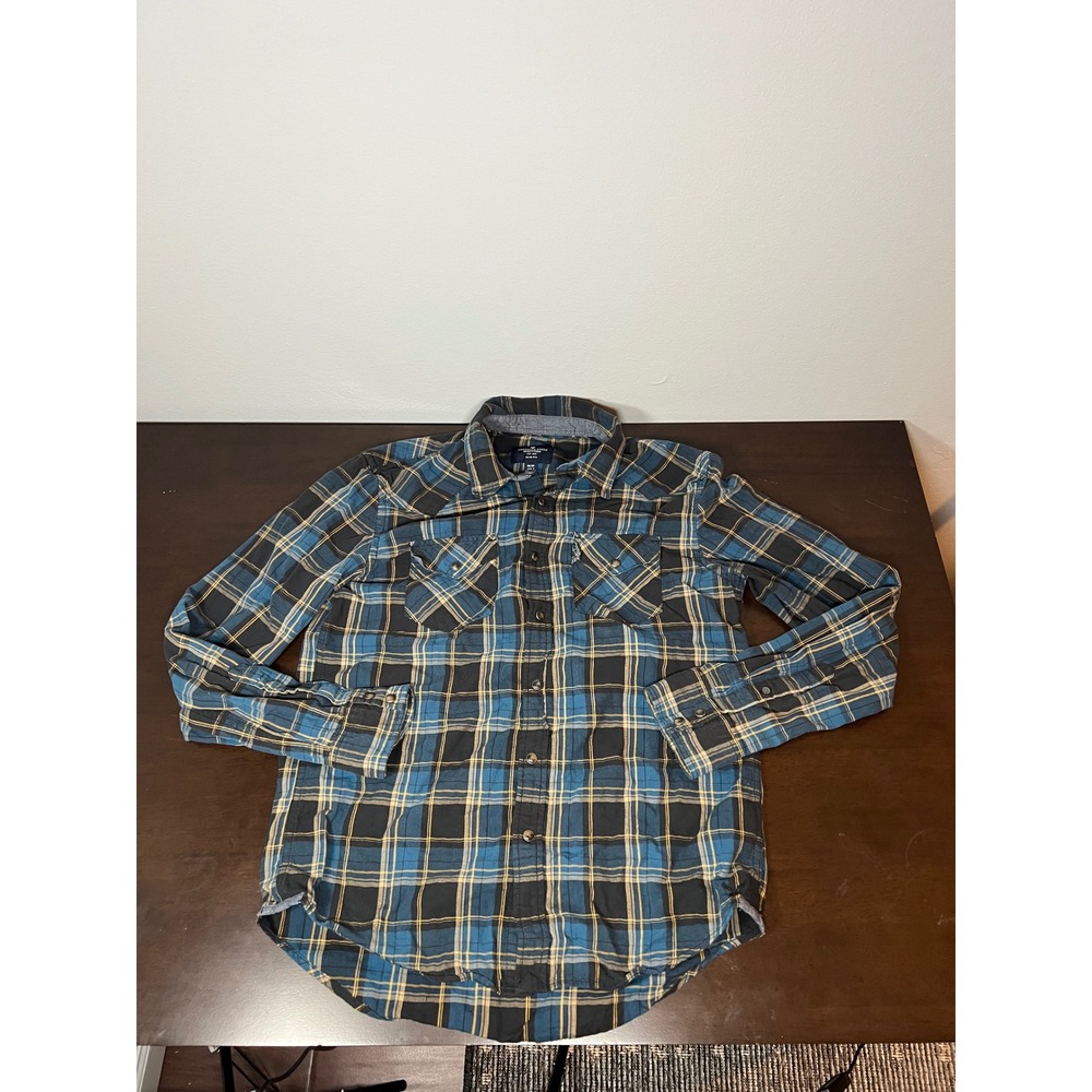 American Eagle Mens Slim Fit Blue Plaid Flannel Snap Front Western Shirt Medium